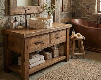 Mueble de baño rústico – Estilo granja macizo hecho a mano, pequeño mueble de madera recuperada de granero con borde natural.