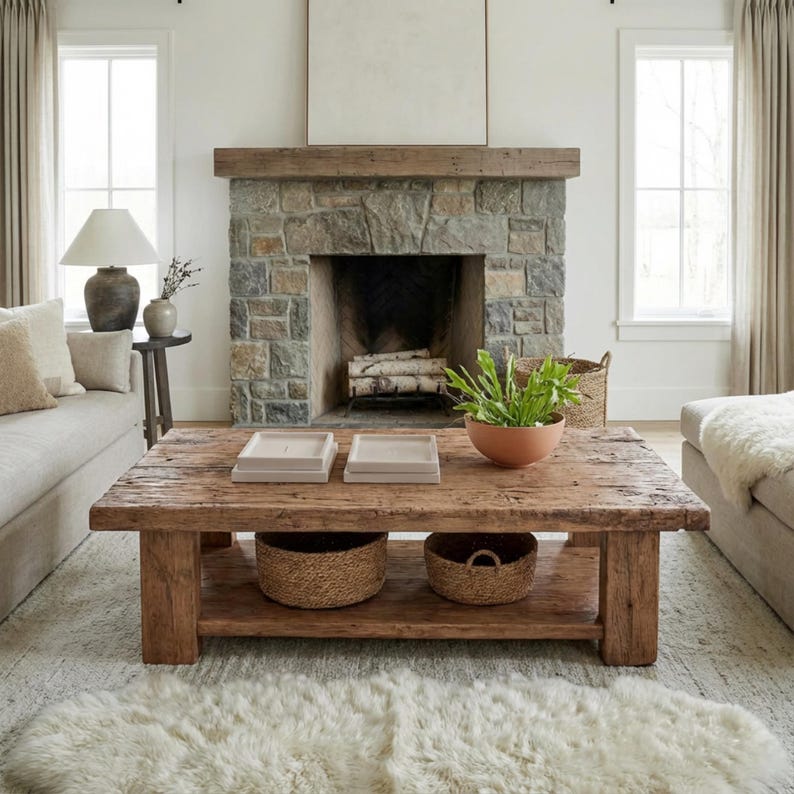 Solid Rustic Wooden Coffee Table - Custom Handcrafted Farmhouse Small Live Edge Reclaimed and Barn Wood Tables - Unique Design- Home Decor