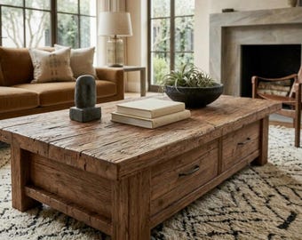 May include: A rectangular coffee table crafted from weathered brown wood featuring a thick tabletop, four sturdy legs, and two front-facing drawers with dark metal handles. Two stacked hardcover books and a dark stone sculpture sit on top.