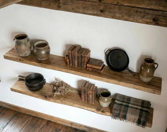Rustic-Style Solid Wood Floating Shelves, Rustic Farmhouse Decor, Set of 2