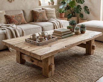 Handmade Rustic Coffee Table - Solid Wood Center Table, Living Room Furniture