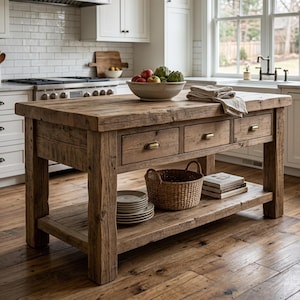 Peut inclure: Un îlot de cuisine rectangulaire en bois de récupération avec un plateau épais, trois tiroirs frontaux dotés de poignées en laiton et une étagère inférieure ouverte. L'étagère contient une pile d'assiettes, un panier tressé et des livres.