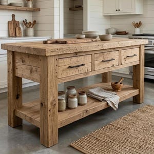 May include: A rectangular kitchen island made of light brown reclaimed wood with a thick countertop, three front drawers featuring dark metal handles, and a lower open shelf holding several glass jars, a wooden mortar, and a folded cloth.