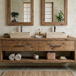 May include: A double bathroom vanity made of reclaimed wood with two rectangular stone vessel sinks, two matching wood-framed mirrors, and two metal taps. The vanity features two drawers with dark metal handles and an open lower storage shelf.