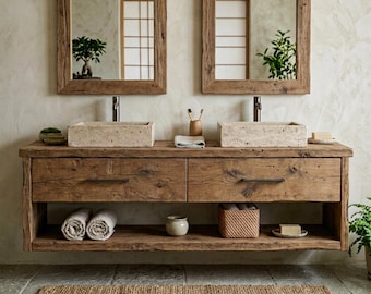 Rustic Floating Bathroom Vanity – Solid Handmade Farmhouse Style, Small Live Edge Reclaimed Barn Wood Cabinet