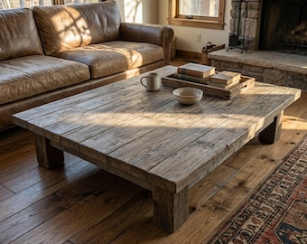 Handmade Rustic Coffee Table - Solid Wood Timber Center Table, Farmhouse Style Living Room Furniture
