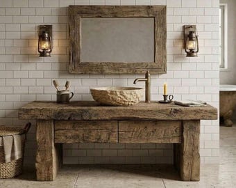 Rustic Bathroom Vanity – Solid Handmade Farmhouse Style, Small Live Edge Reclaimed Barn Wood Cabinet