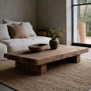 May include: A low rectangular coffee table crafted from weathered brown wood with a thick slab top and block legs. On the table sits a small dark brown ceramic vase containing a green leafy branch and an oval-shaped wooden bowl with a rough texture.