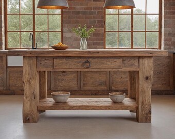 Kitchen Island Table: Rustic Wood, Storage Drawers - Custom Sizes