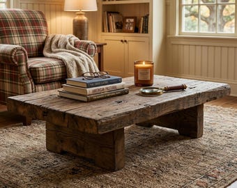 May include: A low rectangular coffee table crafted from thick, weathered brown wood with a natural grain texture. The table surface holds a stack of three hardcover books, a pair of reading glasses, a lit candle in a glass jar, and a magnifying glass.