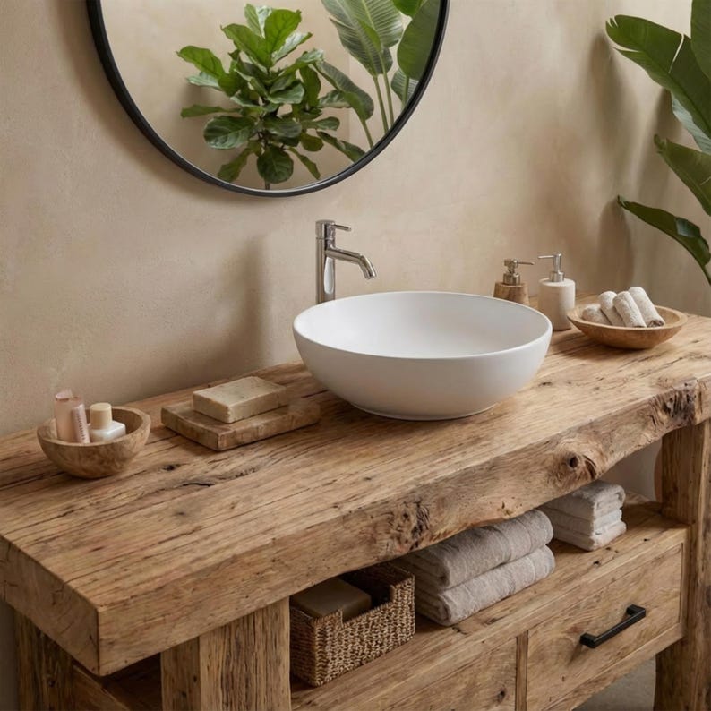 Solid Chestnut Rustic Bathroom Vanity - Custom Handcrafted Farmhouse Small Live Edge Reclaimed and Barn Wood Vanities - Unique Design - Home Decor