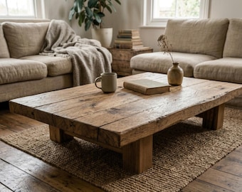 Handmade Rustic Coffee Table - Solid Wood Timber Center Table, Farmhouse Style Living Room Furniture