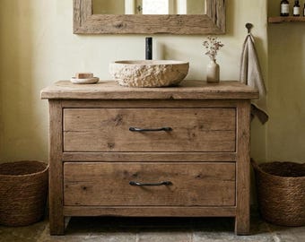 Rustic-Style Bathroom Vanity – Solid Handmade Farmhouse Style, Small Live Edge Reclaimed Barn Wood Cabinet