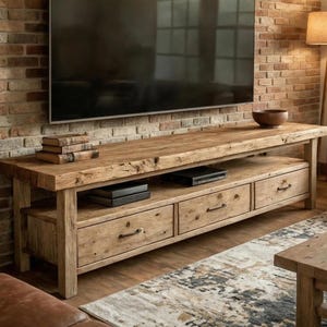 May include: A rustic wooden TV stand with three drawers and a lower shelf. The stand is made of light-colored wood and has a natural, unfinished look. The drawers have dark metal handles. A large TV is mounted above the stand.