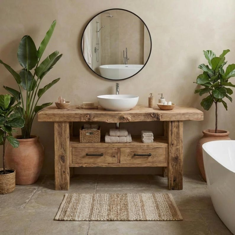 Solid Chestnut Rustic Bathroom Vanity - Custom Handcrafted Farmhouse Small Live Edge Reclaimed and Barn Wood Vanities - Unique Design - Home Decor