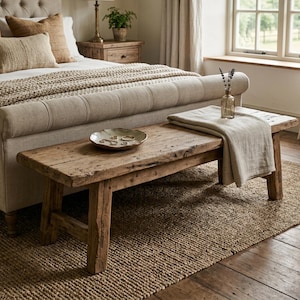 May include: A rectangular wooden bench with a weathered, natural finish and four sturdy legs. A beige linen throw blanket is draped over one end, and a shallow, textured ceramic bowl containing small metal items sits on the surface.