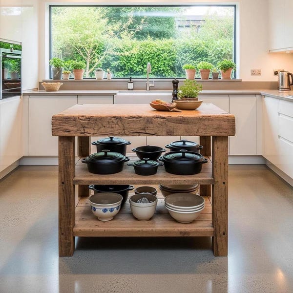 Rustic Kitchen Island with Storage - Handcrafted Wood, Farmhouse Style