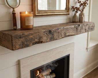 Fireplace Mantel | Rustic Floating Beam Shelf with Live Edge | Solid Natural Wood Mantelpiece