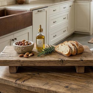 May include: A wooden serving board with sliced bread, a bowl of nuts, and a bottle of olive oil. The board is on a wooden table. A sprig of rosemary adds a touch of green. The kitchen has white cabinets and a copper sink.