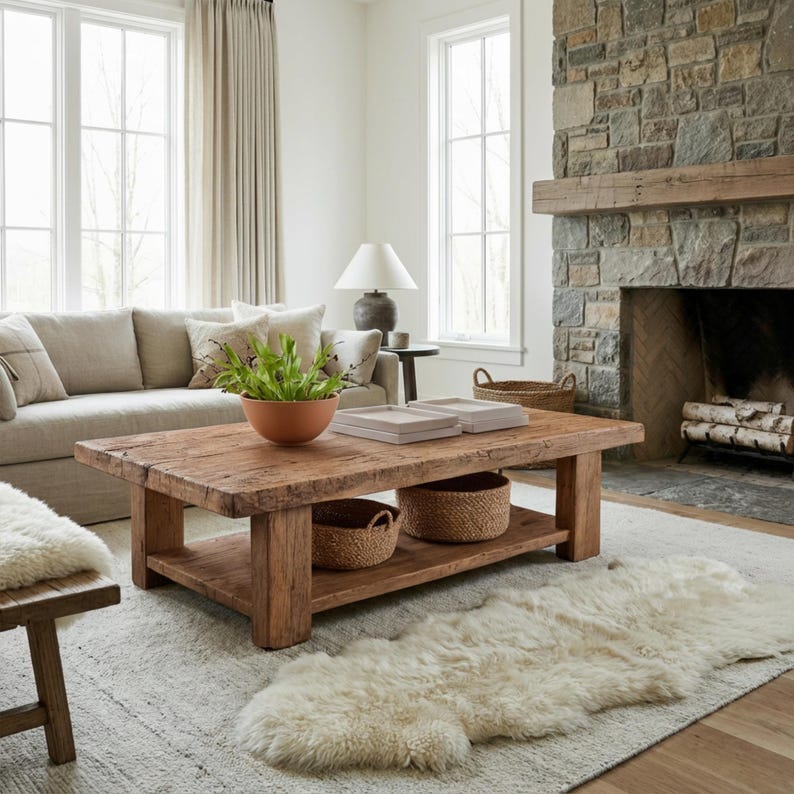 Solid Rustic Wooden Coffee Table - Custom Handcrafted Farmhouse Small Live Edge Reclaimed and Barn Wood Tables - Unique Design- Home Decor