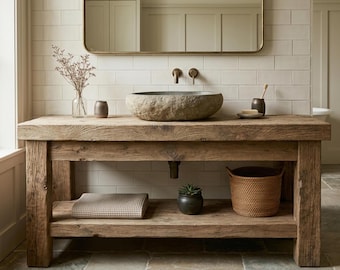 Rustic Bathroom Vanity – Solid Handmade Farmhouse Style, Small Live Edge Reclaimed Barn Wood Cabinet