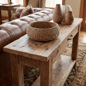 May include: A wooden console table with a woven basket and three decorative vases. The table has a distressed finish and a lower shelf. The basket is round and made of natural fibres. The vases are various shapes and colours.