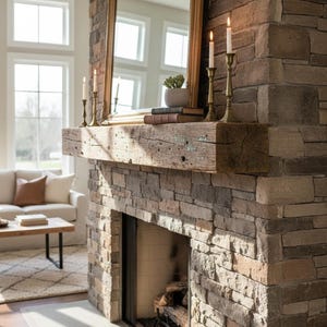 May include: A rustic fireplace with a stone facade, a wooden mantel, and a large mirror. Two brass candle holders with lit candles sit on the mantel, along with books and a small potted plant. The room has a neutral color palette with natural light.