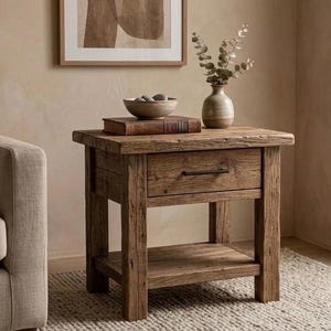 Peut inclure: Une table de chevet en bois rustique dotée d'un tiroir unique avec une poignée en métal foncé et d'une étagère inférieure ouverte. Le meuble est fabriqué en bois brun patiné avec une texture grainée visible et quatre pieds robustes.
