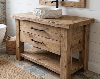 Rustic Style Solid Wood Bathroom Vanity – Handmade Chestnut Wood – Custom Size