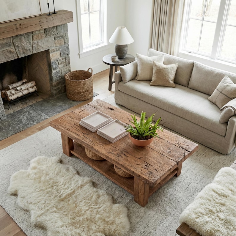 Solid Rustic Wooden Coffee Table - Custom Handcrafted Farmhouse Small Live Edge Reclaimed and Barn Wood Tables - Unique Design- Home Decor