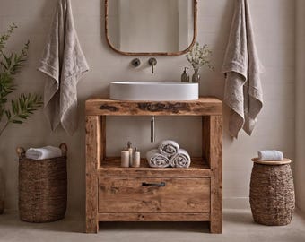 Rustic Bathroom Vanity – Solid Handmade Farmhouse Style, Small Live Edge Reclaimed Barn Wood Cabinet