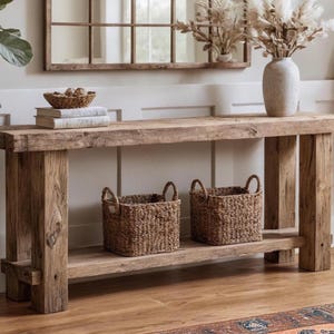 May include: A rustic, wooden console table with a lower shelf, holding two woven baskets. The tabletop displays a decorative bowl, books, and a vase with dried flowers. The table is made of reclaimed wood.