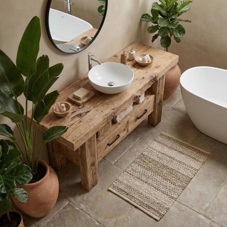 Solid Chestnut Rustic Bathroom Vanity - Custom Handcrafted Farmhouse Small Live Edge Reclaimed and Barn Wood Vanities - Unique Design - Home Decor