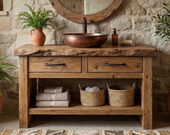 Mobiletto per bagno rustico – Stile rustico fatto a mano, piccolo mobiletto in legno di fienile recuperato con bordo vivo