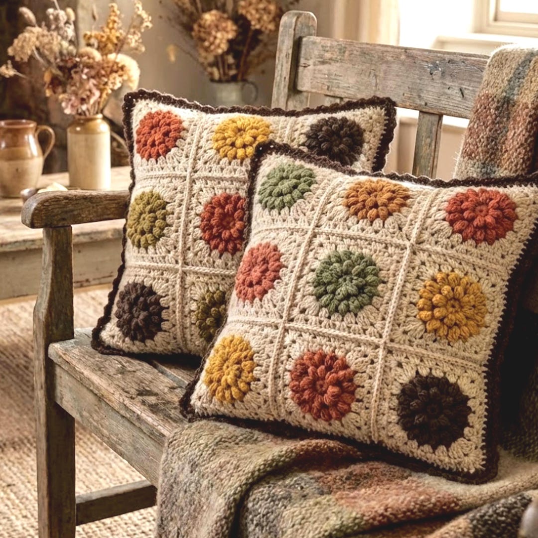 Rustic Crochet Graphics The Rustic Harvest Pillow Crochet Pattern PDF Earth Tone Granny Square ...
