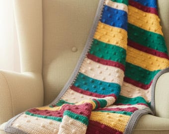 Striped Crochet Blanket Pattern with Pompoms | Download PDF | Modern Farmhouse Decor