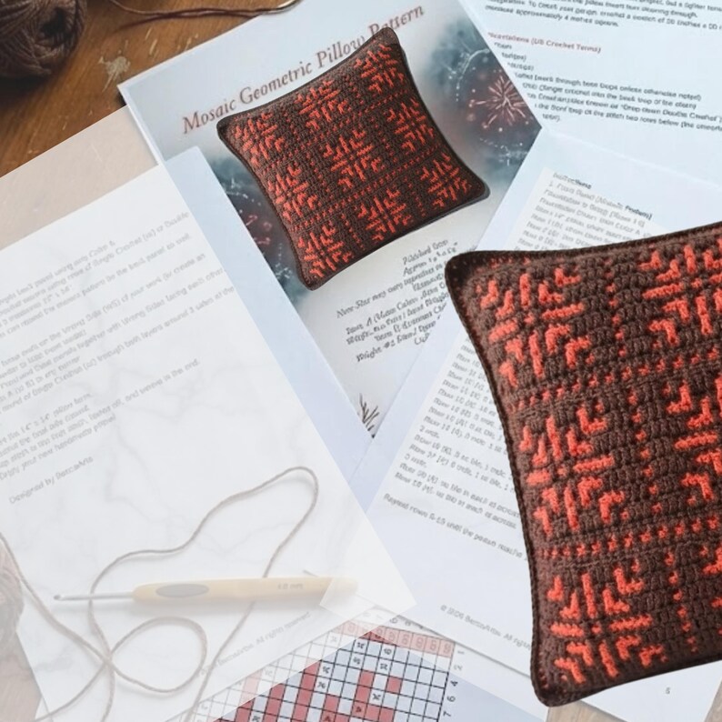 May include: A close-up of a brown and orange mosaic geometric pillow. The pillow is on top of a pattern sheet with the title "Mosaic Geometric Pillow Pattern". A crochet hook and yarn are also visible.