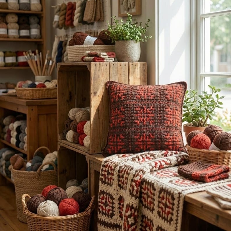 May include: A cozy interior scene featuring a square, brown and red patterned pillow. Baskets and wooden crates display various yarn colors. A crocheted blanket with a similar pattern is draped over a wooden surface. Plants and yarn are visible.