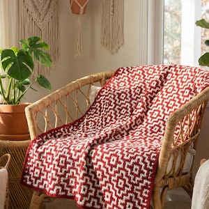 Scandinavian Style Crochet Blanket Pattern | Red and White Mosaic Afghan Blanket | Modern DIY Home Gift