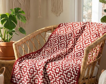 Mönster för virkad filt i skandinavisk stil | Röd och vit mosaikfilt i afghansk stil | Modern DIY-present