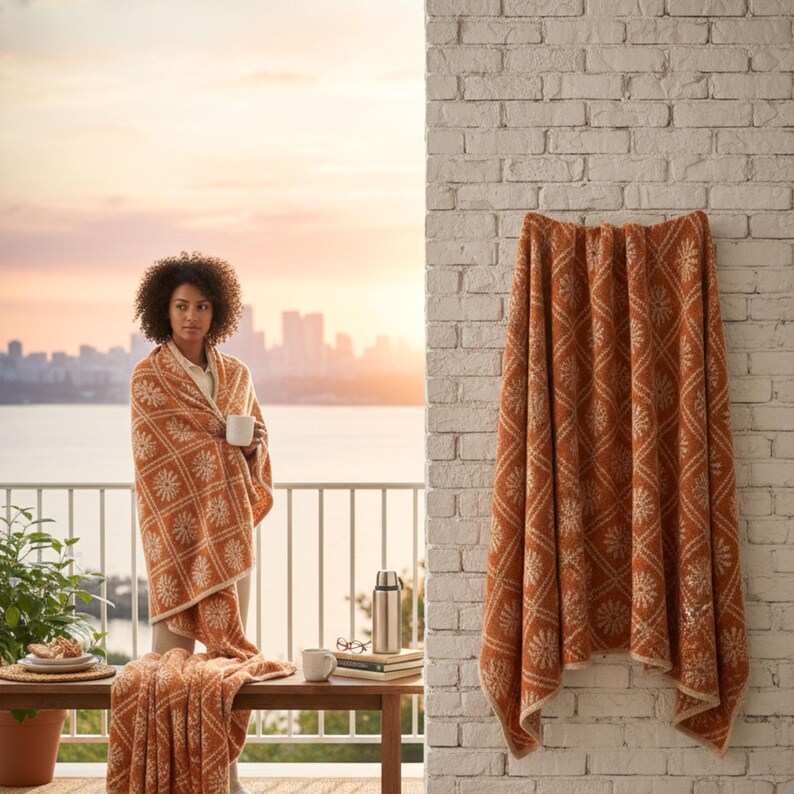 May include: A patterned orange and cream blanket is draped over a person and a wooden bench. The blanket is also hanging on a white brick wall. A mug and a book are on the bench. The background shows a city skyline and water.