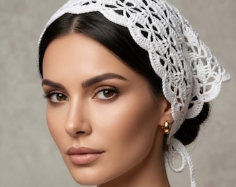 Crochet Hair Bandana: Cotton Hair Scarf, Cottagecore Handkerchief