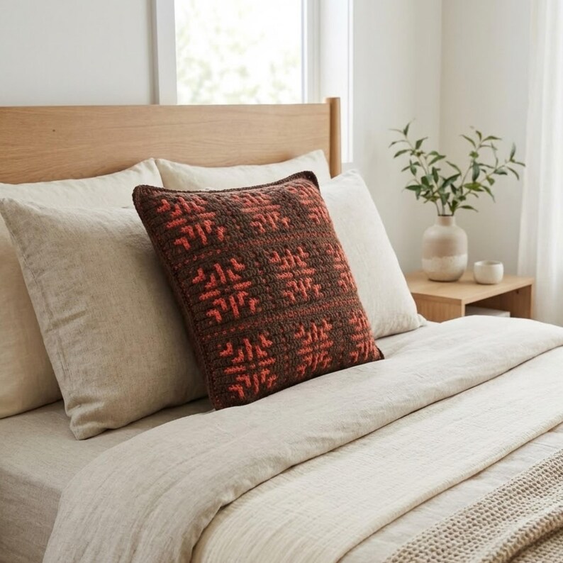 May include: A brown and orange patterned crochet pillow rests on a bed with beige linens. The pillow features a geometric design and is surrounded by other pillows and bedding. A wooden headboard and nightstand are visible in the background.