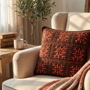 May include: A decorative square pillow with a geometric pattern in shades of brown and orange. The pillow is placed on a cream-colored armchair, with a matching throw blanket draped over the arm. A mug of coffee sits on a wooden side table.