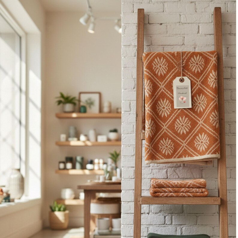 May include: A wooden ladder displays an orange and cream-coloured blanket with a floral pattern and a tag that reads "Handmade". Two folded towels with the same pattern rest on a lower shelf. The background features a white brick wall.