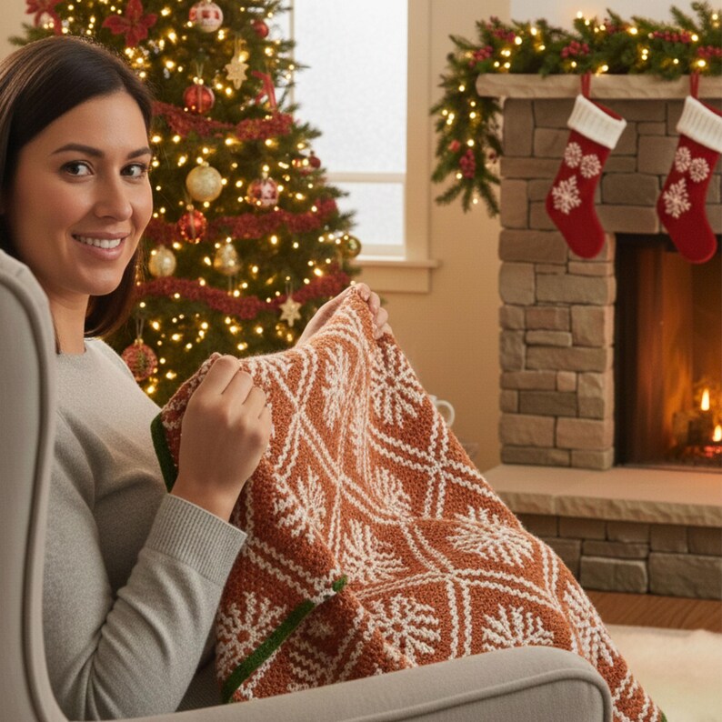 May include: A brown and white snowflake patterned blanket with a green border. The image shows a Christmas tree with decorations and a fireplace with stockings. The scene evokes a warm, festive atmosphere, perfect for the holiday season.