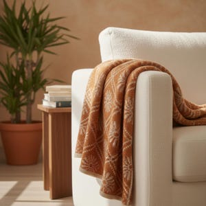May include: A warm, rust-coloured throw blanket with a white floral pattern draped over a white armchair. The blanket's design features geometric shapes and floral motifs. The scene includes a potted plant and a small wooden side table.