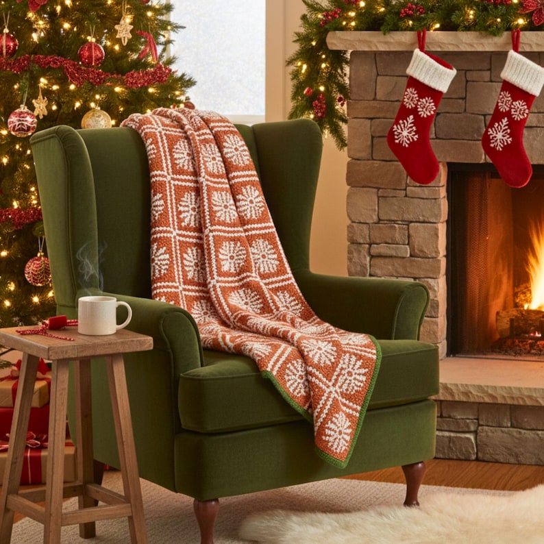 May include: A patterned throw blanket in shades of orange and white, draped over a green armchair. The blanket has a snowflake design. A white mug sits on a small wooden table. Christmas decorations are in the background.