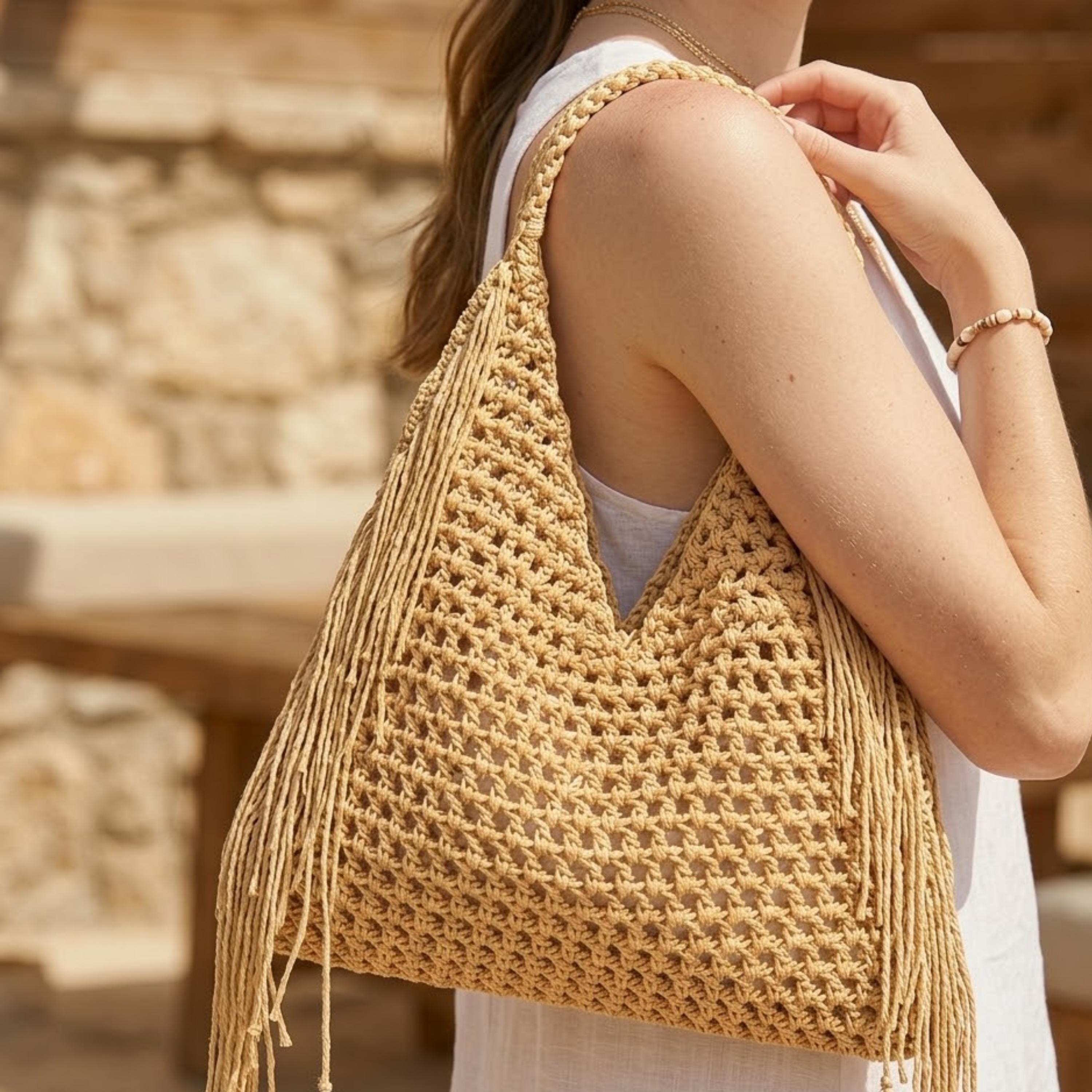 30 Boho Bag Crochet Patterns for Fringe, Florals, and Everyday Texture 2 Sahara Sun Fringe Tote Crochet Pattern