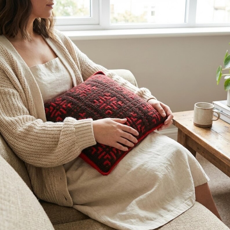 May include: A decorative pillow with a geometric pattern in shades of red and brown. The pillow has a red border. The pillow is being held by a person wearing a cream-colored cardigan and dress.